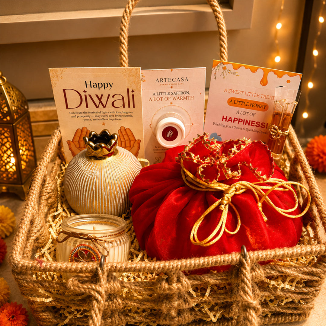 Utsav Jute Net Basket Diwali Gift Hamper With Red Toran Potli And Matka Soy Wax Candle For Festive Gifting