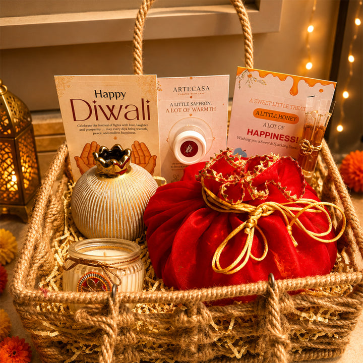Utsav Jute Net Basket Diwali Gift Hamper With Red Toran Potli And Matka Soy Wax Candle For Festive Gifting
