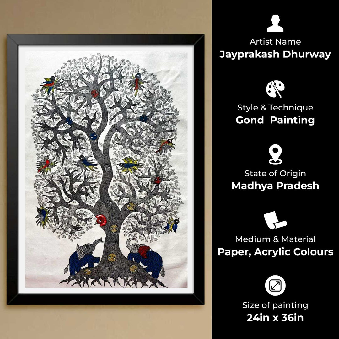 24 x 36 Inch | Elephant & Tree | Original Hand Painted Tribal Gond Art Painting | Acrylic Paints On Paper
