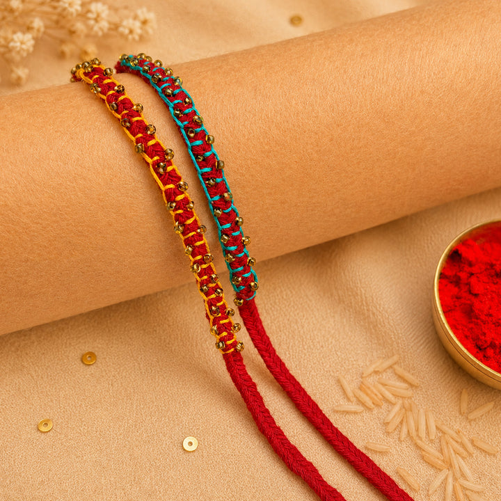 2 Pc | Hand Embroidered Beaded Blanket Stitch Rakhis With Roli Chawal For Brother