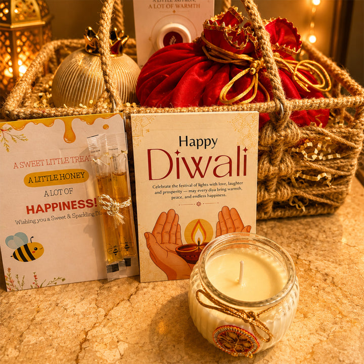 Utsav Jute Net Basket Diwali Gift Hamper With Red Toran Potli And Matka Soy Wax Candle For Festive Gifting
