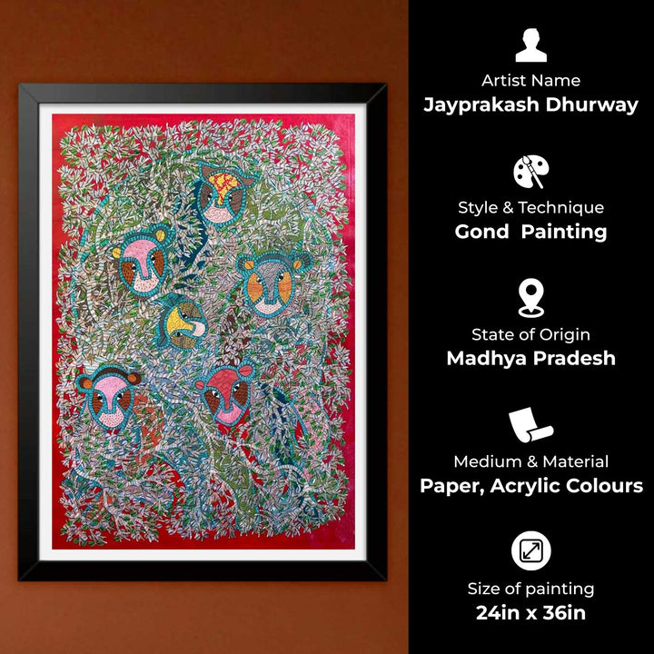 24 x 36 Inch | Lions In The Trees | Original Hand Painted Tribal Gond Art Painting | Acrylic Paints On Paper
