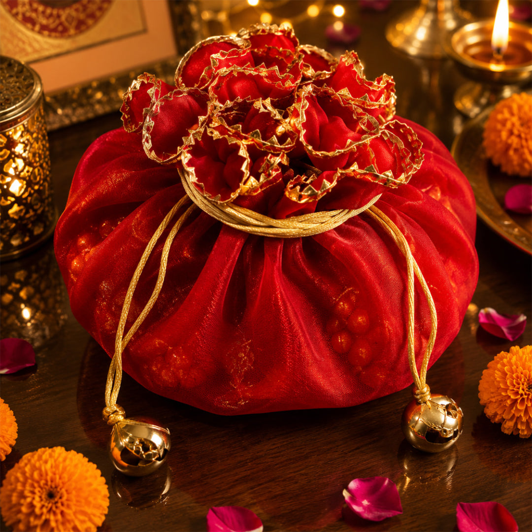 Utsav Jute Net Basket Diwali Gift Hamper With Red Toran Potli And Matka Soy Wax Candle For Festive Gifting