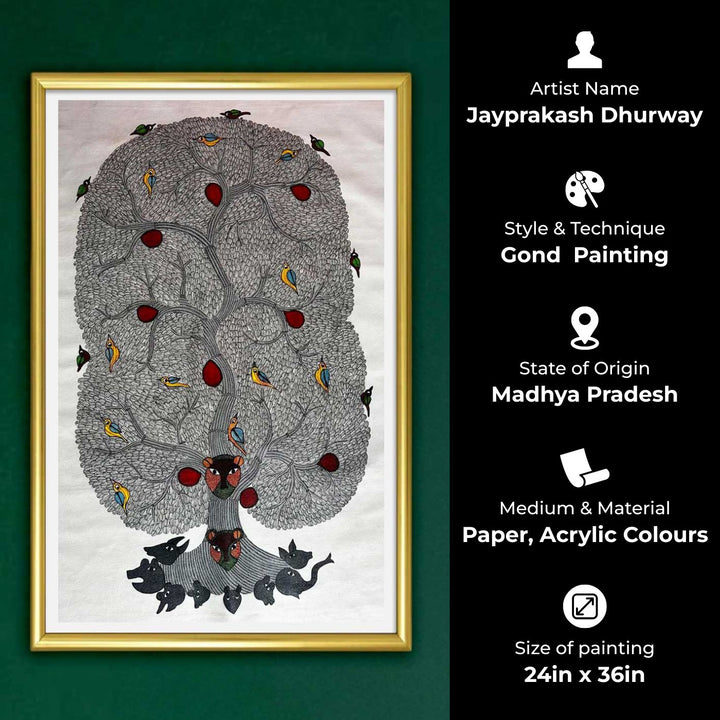 24 x 36 Inch | Guardians of the Forest | Original Hand Painted Tribal Gond Art Painting | Acrylic Paints On Paper