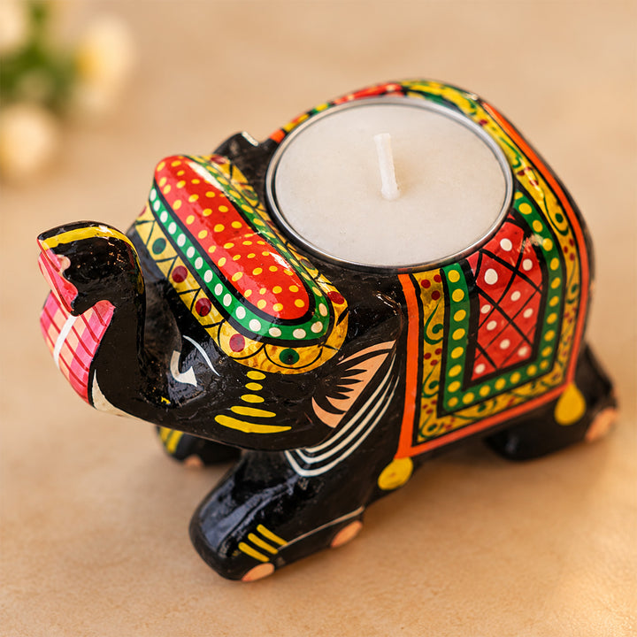 Handmade Black Elephant 3D Wooden Tealight Holder For Festive Golu Decor