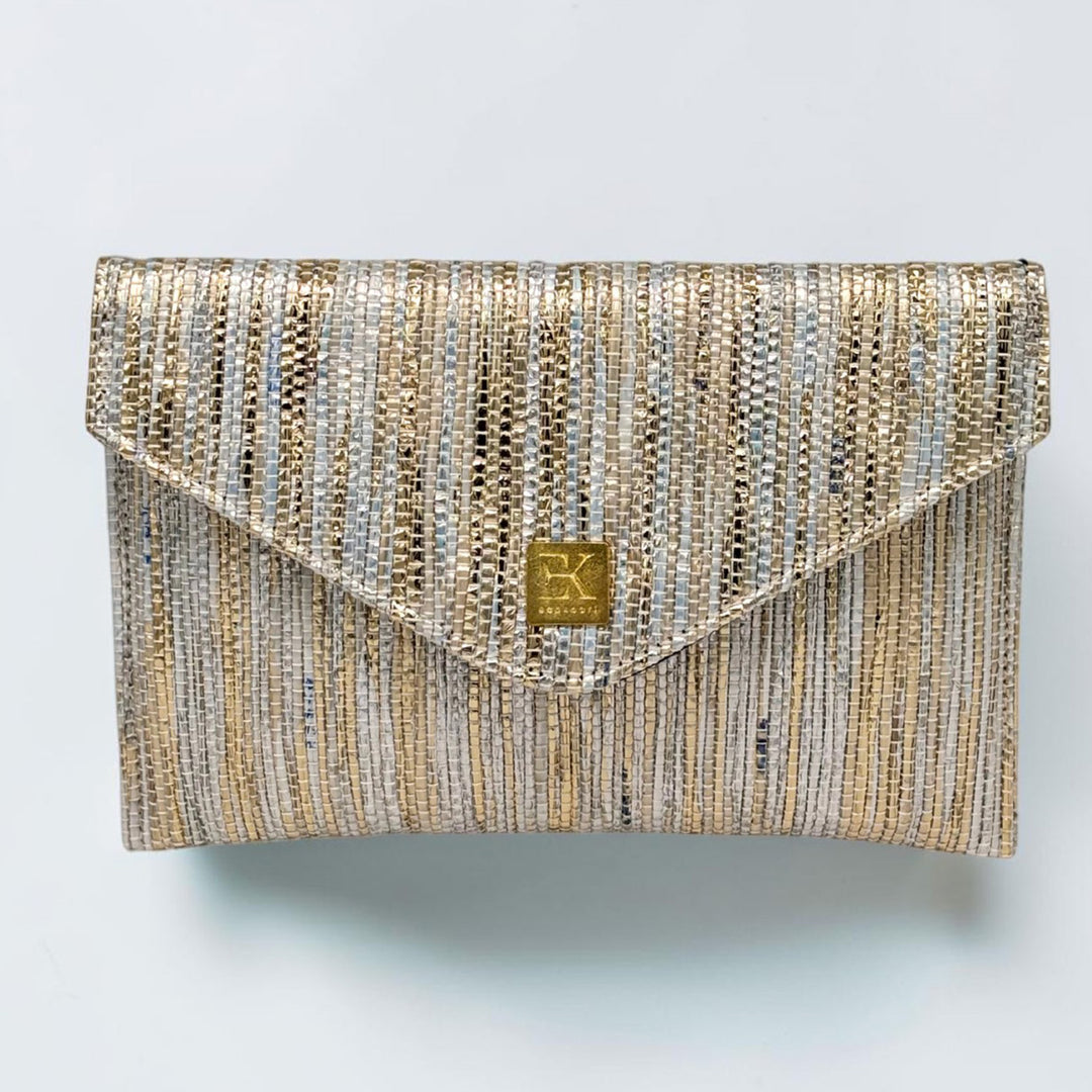 Golden and Silver Striped Upcycled Plastic Handcrafted Envelope Clutch Sling