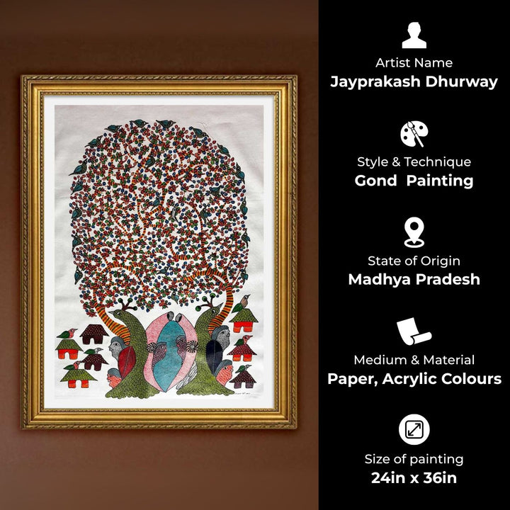 24 x 36 Inch | Guardians of the Village | Original Hand Painted Tribal Gond Art Painting | Acrylic Paints On Paper