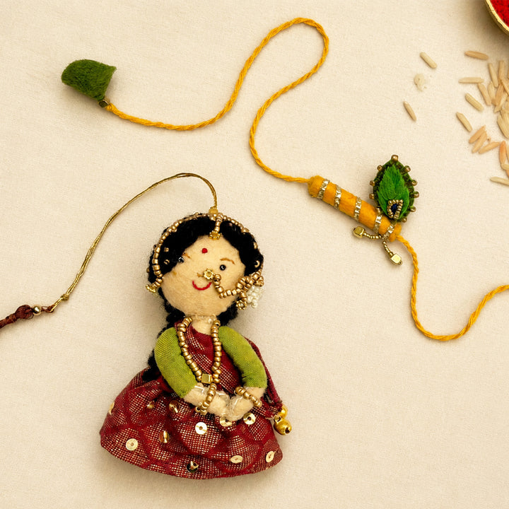 Hand Embroidered Radha Bansuri Rakhi Lumba Set For Bhaiya Bhabhi