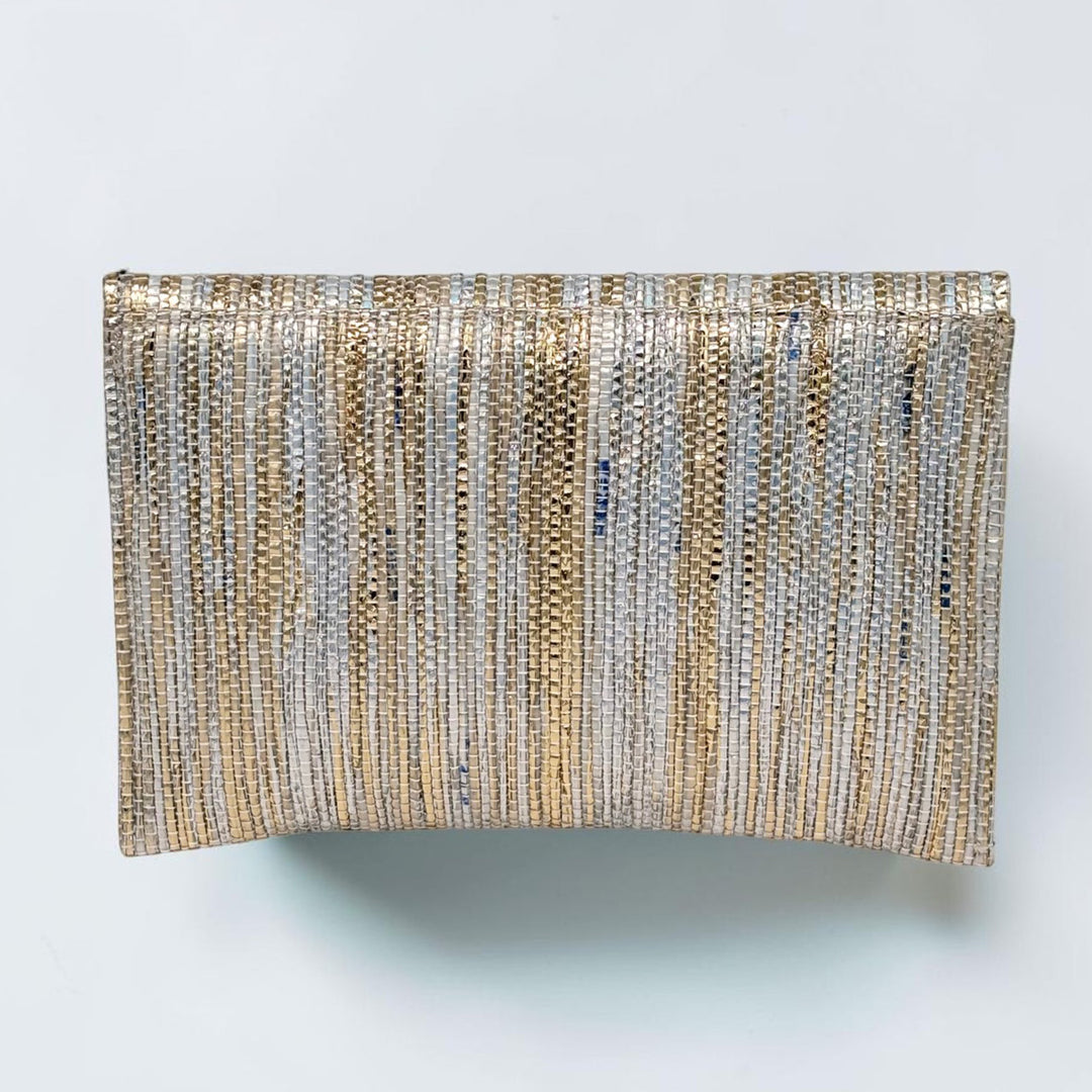 Golden and Silver Striped Upcycled Plastic Handcrafted Envelope Clutch Sling
