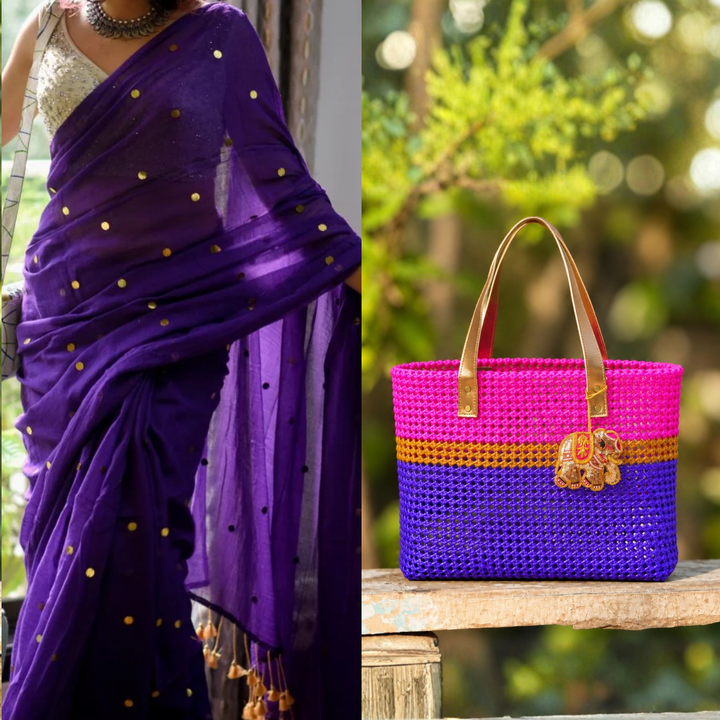 "Utsav" Pink And Purple Stripes Handmade Wire Koodai Tote Bag With Royal Elephant Zardosi Charm