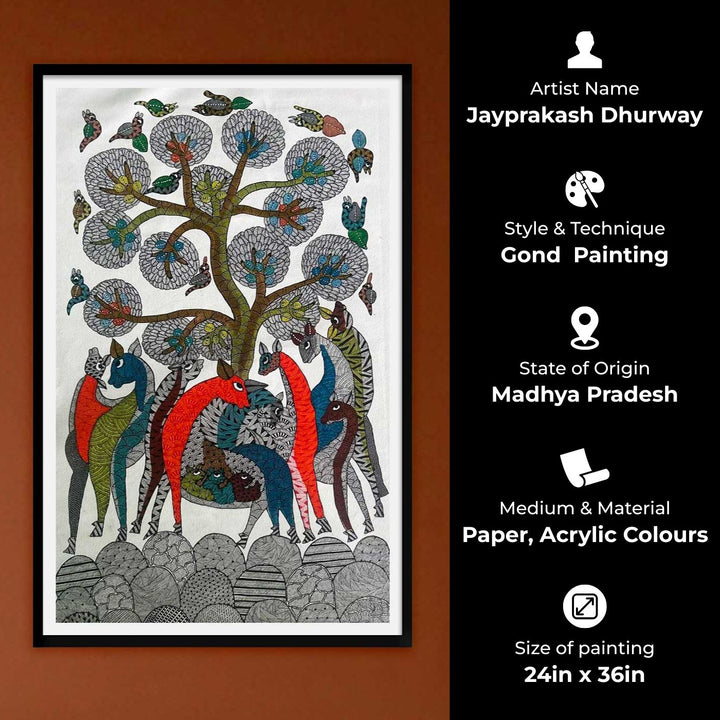 24 x 36 Inch | Shelter of the Wild | Original Hand Painted Tribal Gond Art Painting | Acrylic Paints On Paper