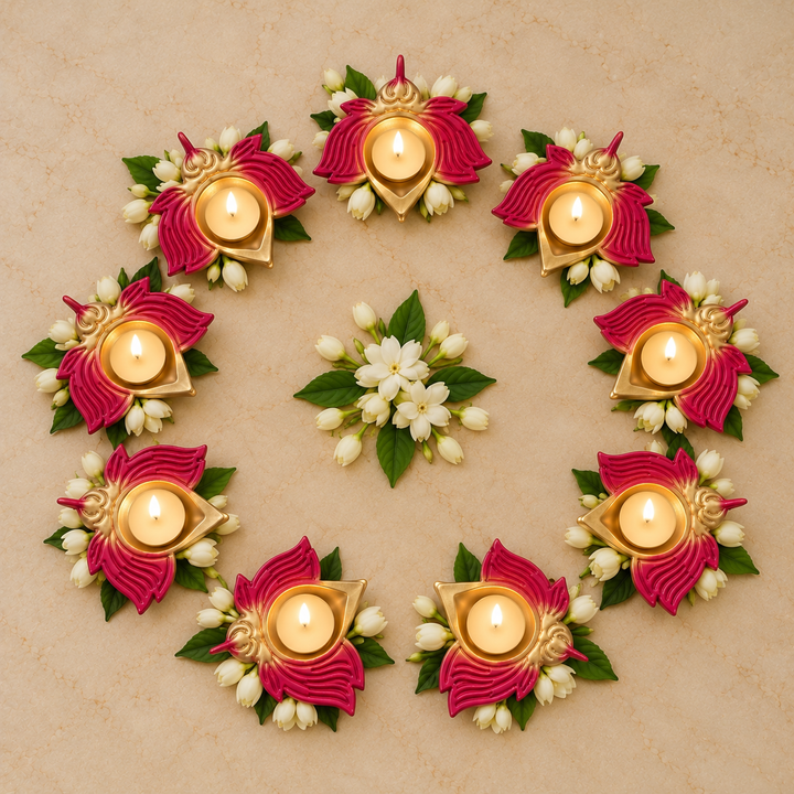 Set of 10 | Handmade Red Lotus Oil Lamp / Diya