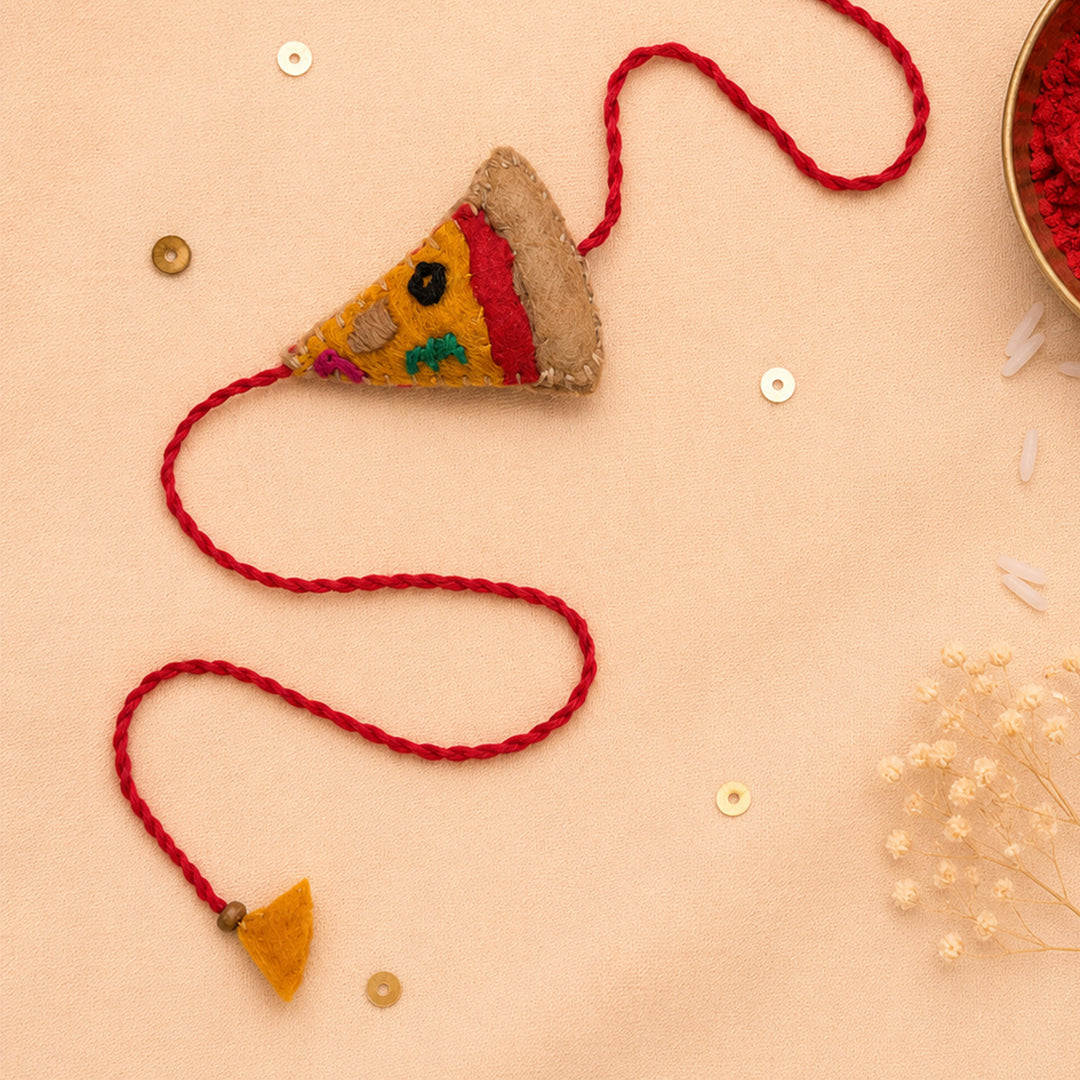 Hand Embroidered Pizza Rakhi With Magnet For Brother