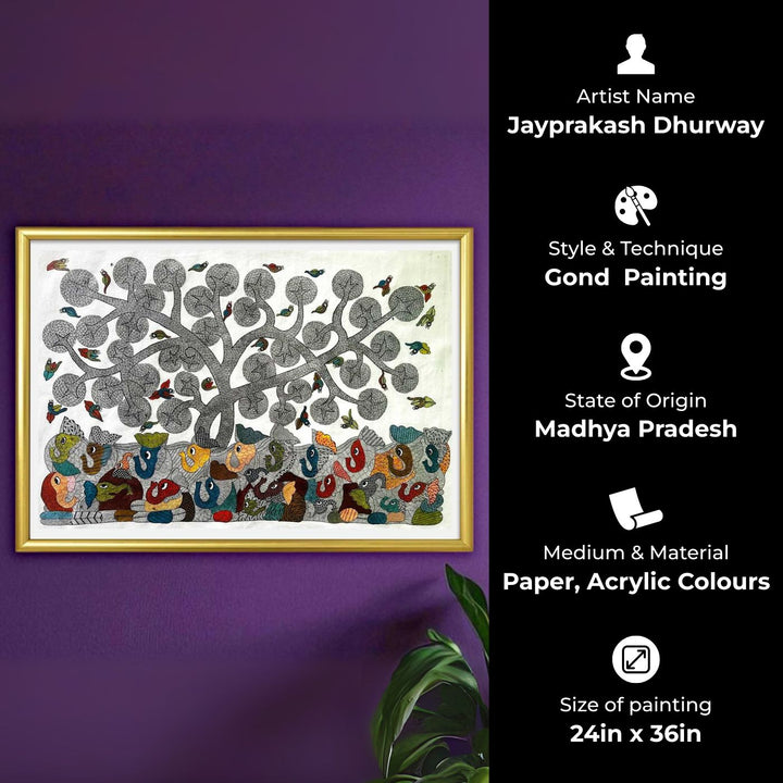 24 x 36 Inch | Earthbound and Skybound | Original Hand Painted Tribal Gond Art Painting | Acrylic Paints On Paper