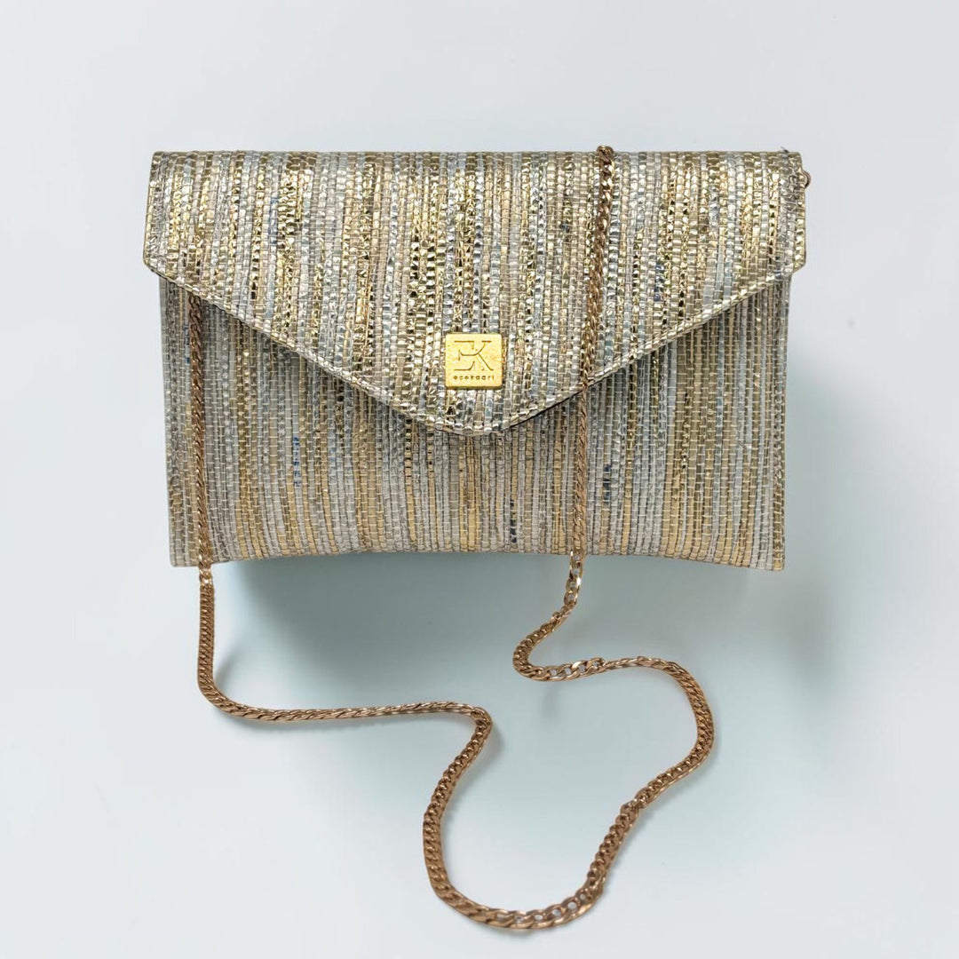 Golden and Silver Striped Upcycled Plastic Handcrafted Envelope Clutch Sling