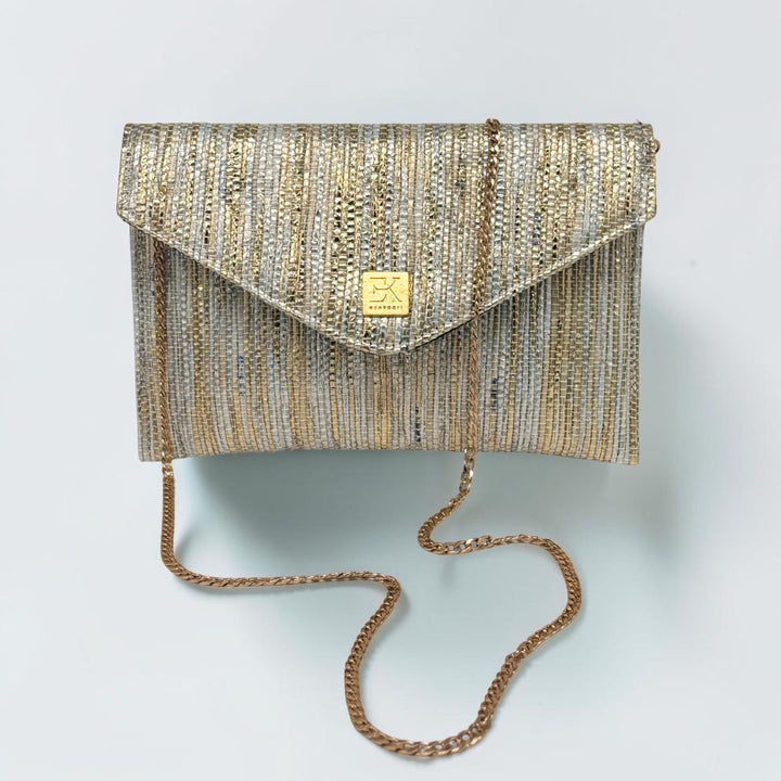 Golden and Silver Striped Upcycled Plastic Handcrafted Envelope Clutch Sling