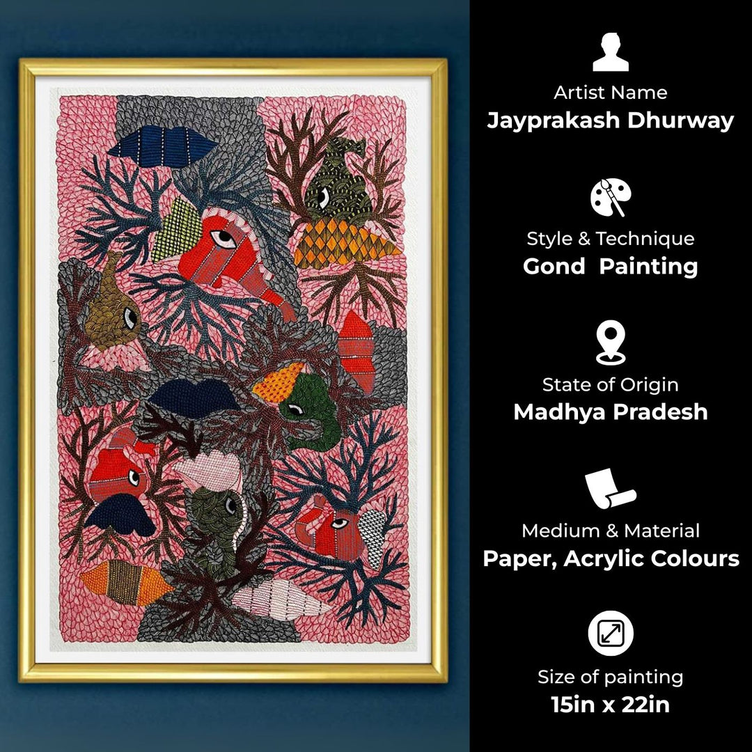 15 x 22 Inch | Fins and Branches | Original Hand Painted Tribal Gond Art Painting | Acrylic Paints On Paper