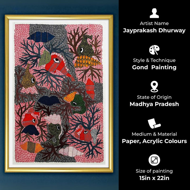 15 x 22 Inch | Fins and Branches | Original Hand Painted Tribal Gond Art Painting | Acrylic Paints On Paper