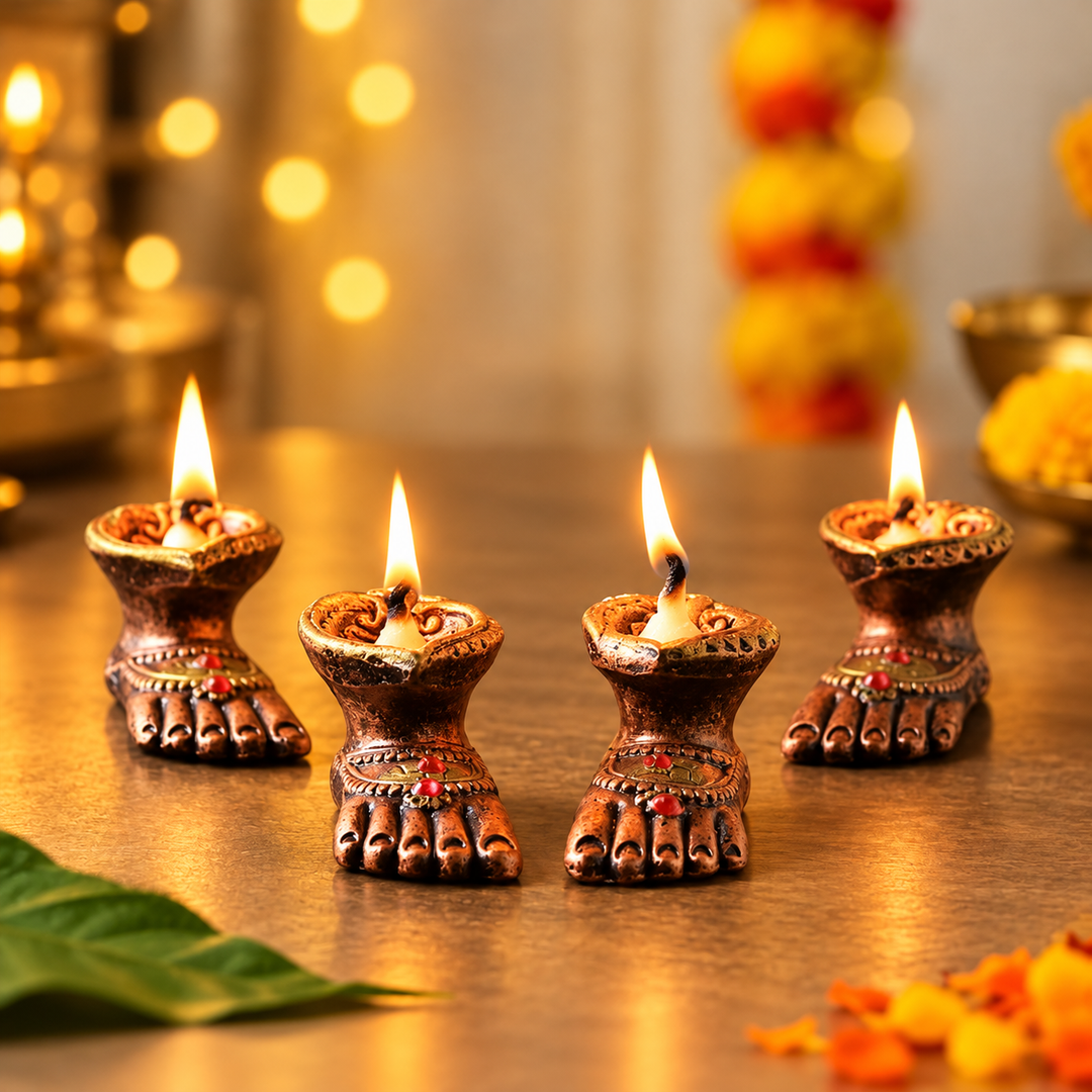 Handmade Laxmi Charan Paduka Terracotta Oil Lamp / Diya | Set of 4
