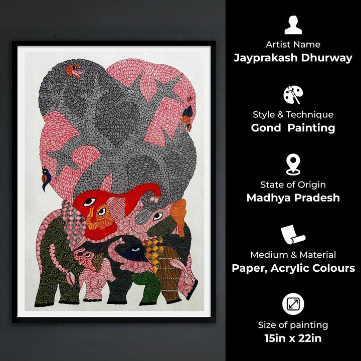 15 x 22 Inch | Elephants’ Canopy | Original Hand Painted Tribal Gond Art Painting | Acrylic Paints On Paper