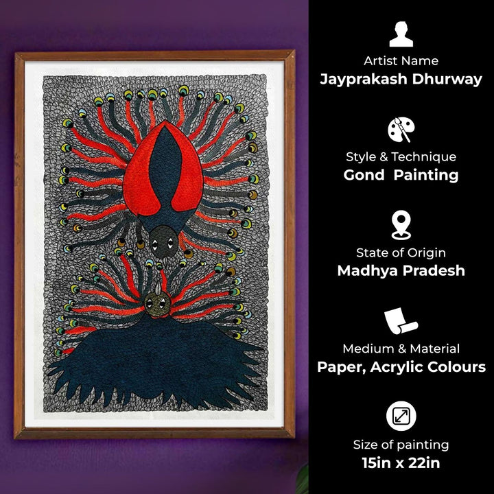 15 x 22 Inch | Two Peacock | Original Hand Painted Tribal Gond Art Painting | Acrylic Paints On Paper
