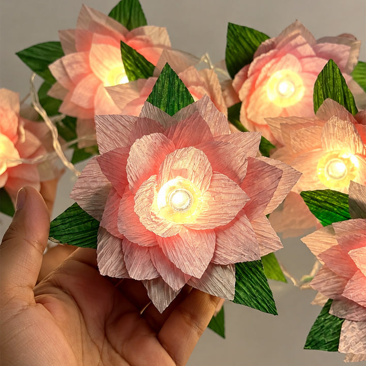Handmade Phool Jhalar Crepe Paper Flower LED Fairy Light For Festive Decor - Baby Pink & Green