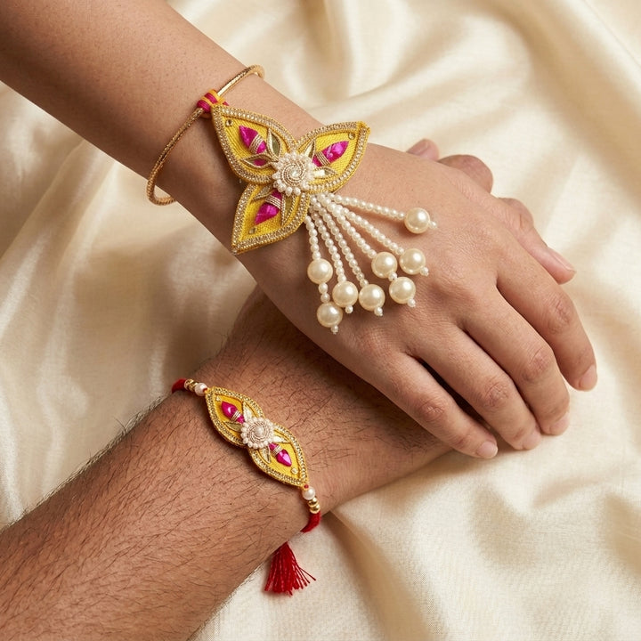 Handcrafted Gota Patti "Tara" Couple Rakhi & Lumba Set With Roli Chawal for Bhaiya Bhabhi