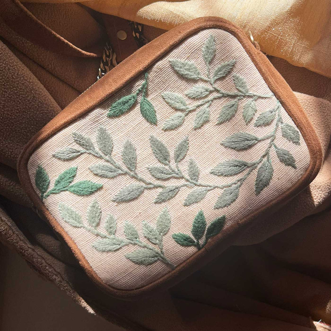 Personalized Embroidered Leafy Vegan Suede Sling Bag