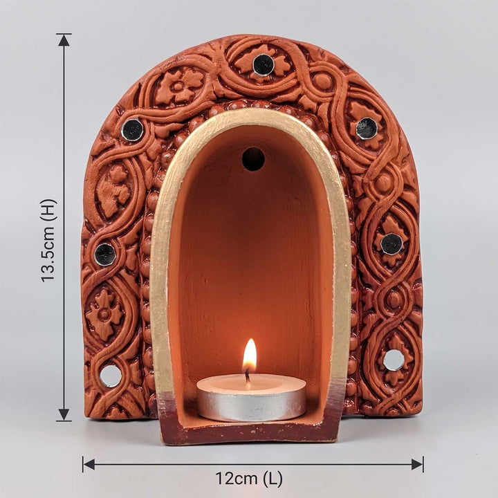 Hand-Painted "Royal Blue Arch" Terracotta Wall Decor Tealight Holder With Gold Detailing For Festive Decor