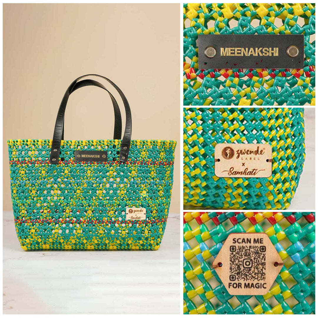 Green And Yellow Diamond Pattern Tara Knot Handmade Koodai Beach Bag