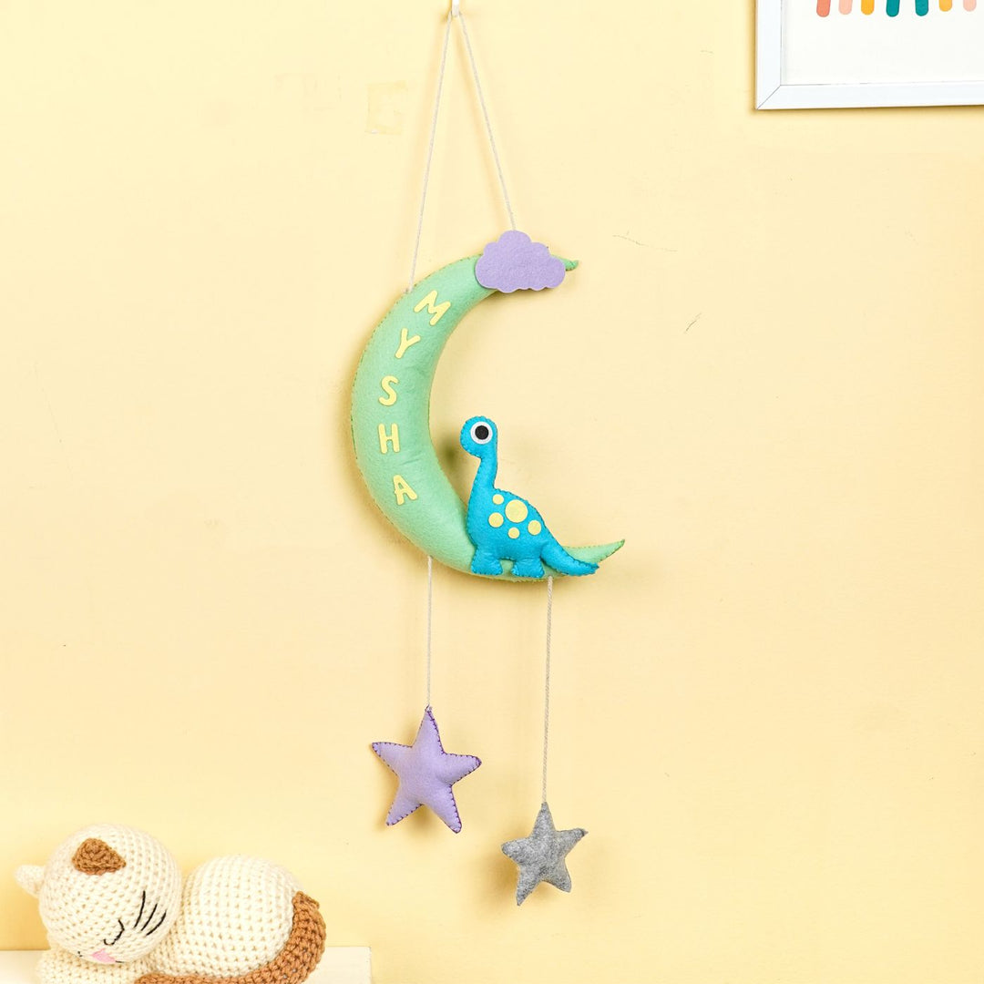 Handmade Dino on the Moon Kids Felt Name Hanging