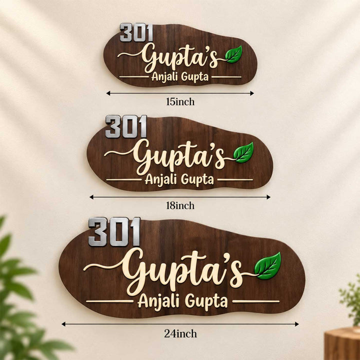 Personalized Lotus & Leaf Motif Curved Rubber Wood Name Plate With 3D Metal Letters For Home