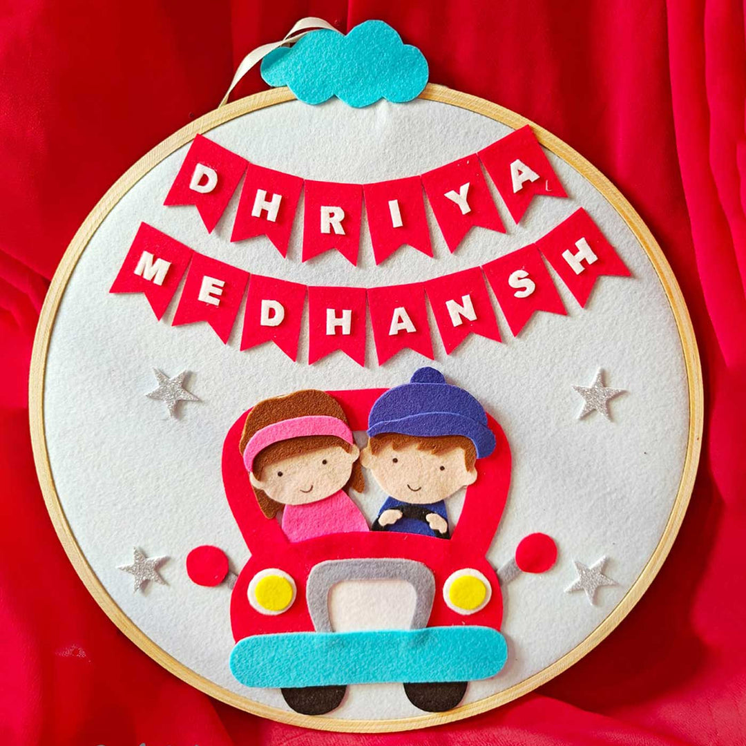 Personalized Handmade Brother And Sister In Car Felt Hoop Name Plate For Siblings - Front View with Name Personalization