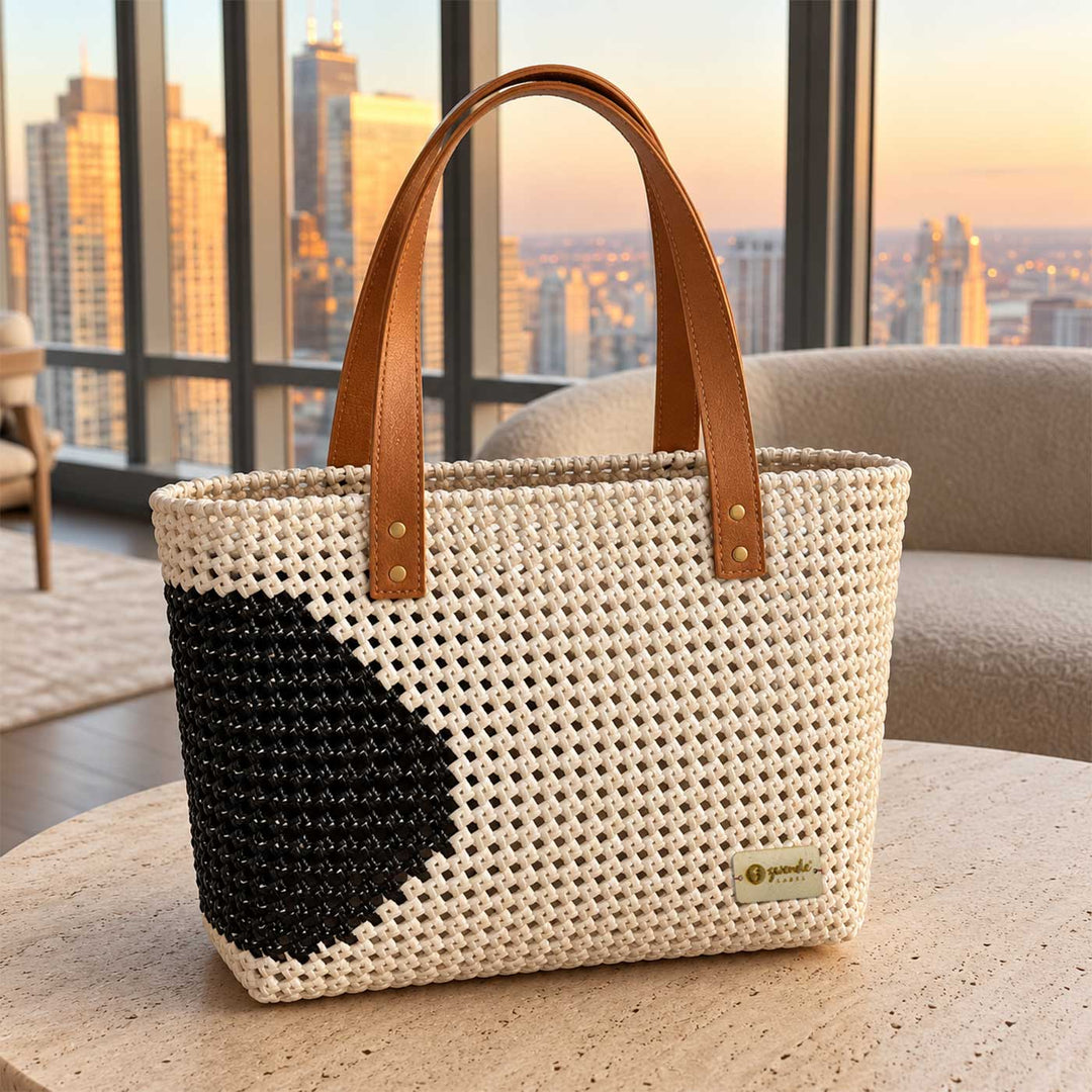 "Retro Polka" White With Black Semicircle Motif Handmade Wire Koodai Tote Bag With Tan Leather Handle