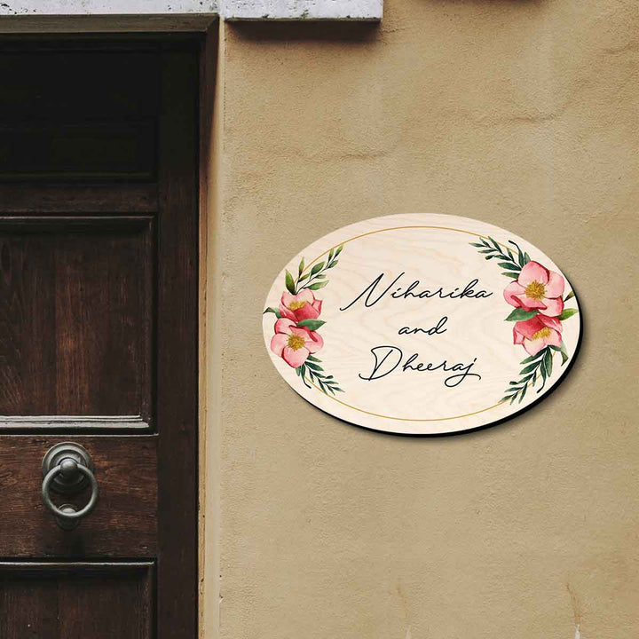 Printed Floral Wooden Oval Nameplate For Couples