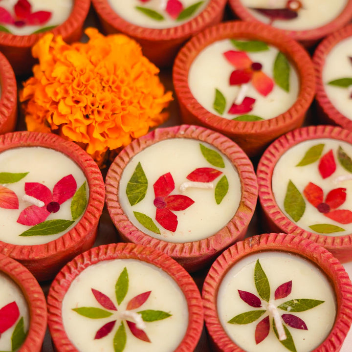 24 Diyas | Handmade Soy Wax & Dry Flower Festive Diyas | 6 Boxes, 4 Diyas per Box