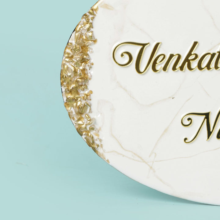 Handmade Resin White & Gold Oval Marbled Name Plate