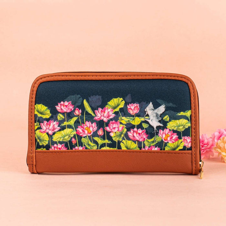Lotus Field Vegan Leather Zipper Wallet