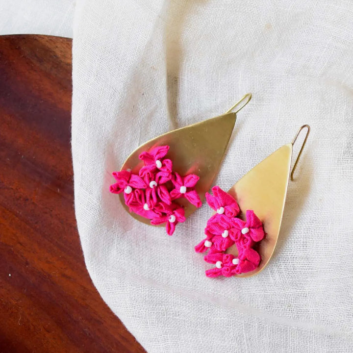 Handmade Textile Art Floral Drop Shaped Dupion Silk Fabric Earrings