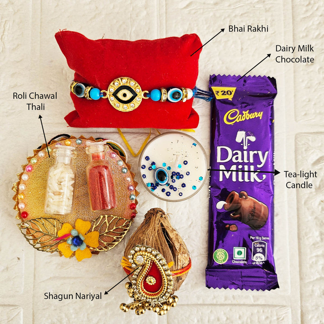 Handmade Beaded Divine Evil Eye Rakhi Gift Hamper With Roli Chawal For Brother