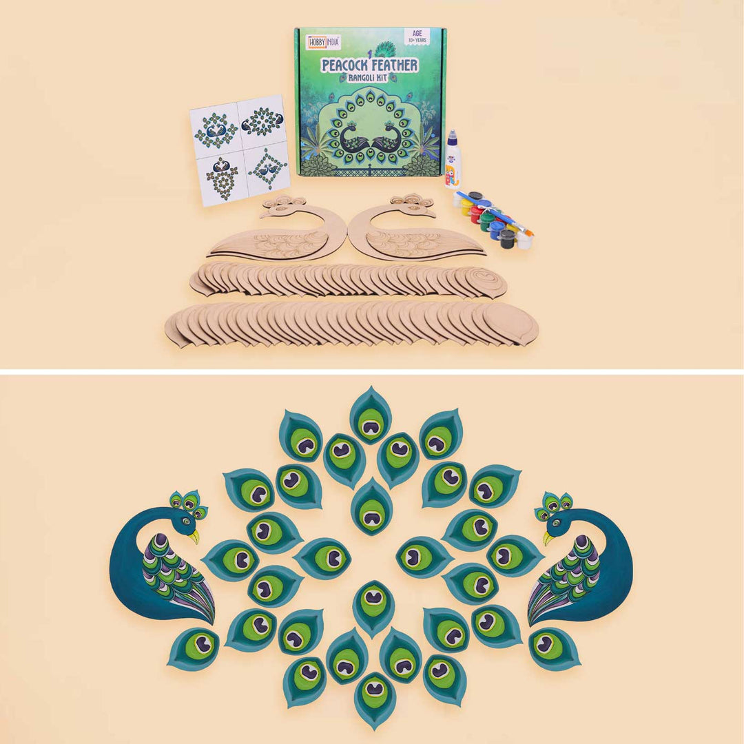 Pre Marked Peacock Feather Rangoli MDF Wood DIY Kit