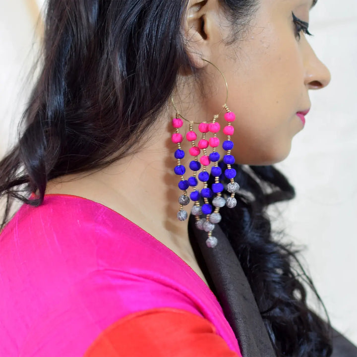Handmade Textile Art Hoop Hanging Round Tassels Dupion Silk Fabric Earrings