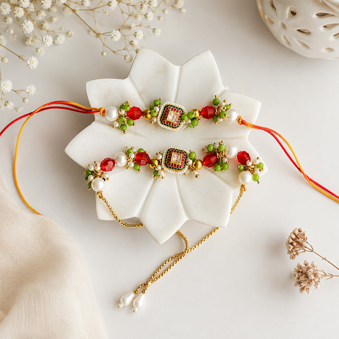 Hand-Knotted Kundan Meenakari Beaded Rakhi & Lumba Set For Bhaiya Bhabhi | Set of 2