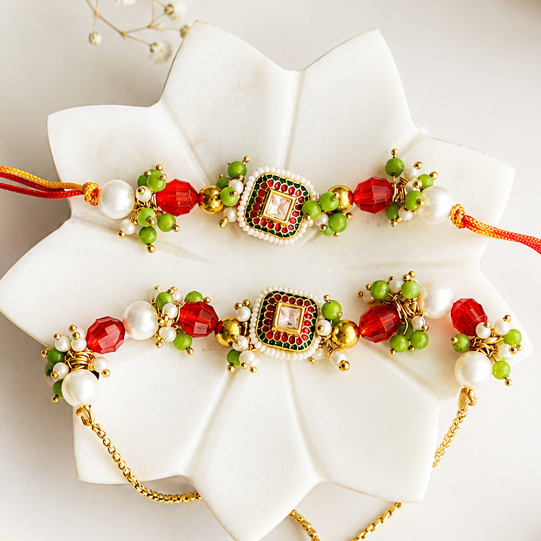 Hand-Knotted Kundan Meenakari Beaded Rakhi & Lumba Set For Bhaiya Bhabhi | Set of 2