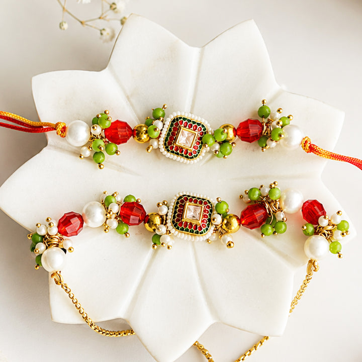 Hand-Knotted Kundan Meenakari Beaded Rakhi & Lumba Set For Bhaiya Bhabhi | Set of 2