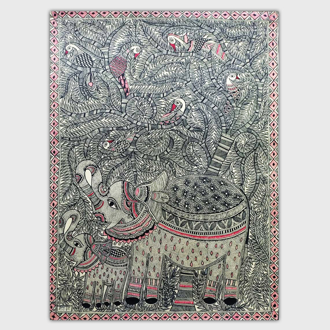 22 x 30 Inch | Elephant Grace in Black & Red | Original Hand Painted Madhubani Painting | Natural Pigments On Paper