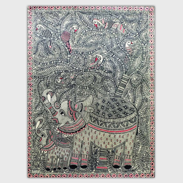 22 x 30 Inch | Elephant Grace in Black & Red | Original Hand Painted Madhubani Painting | Natural Pigments On Paper
