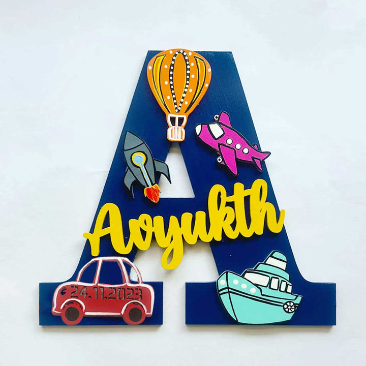 Handcrafted Personalized Kids Transportation Themed Monogram MDF Nameplate
