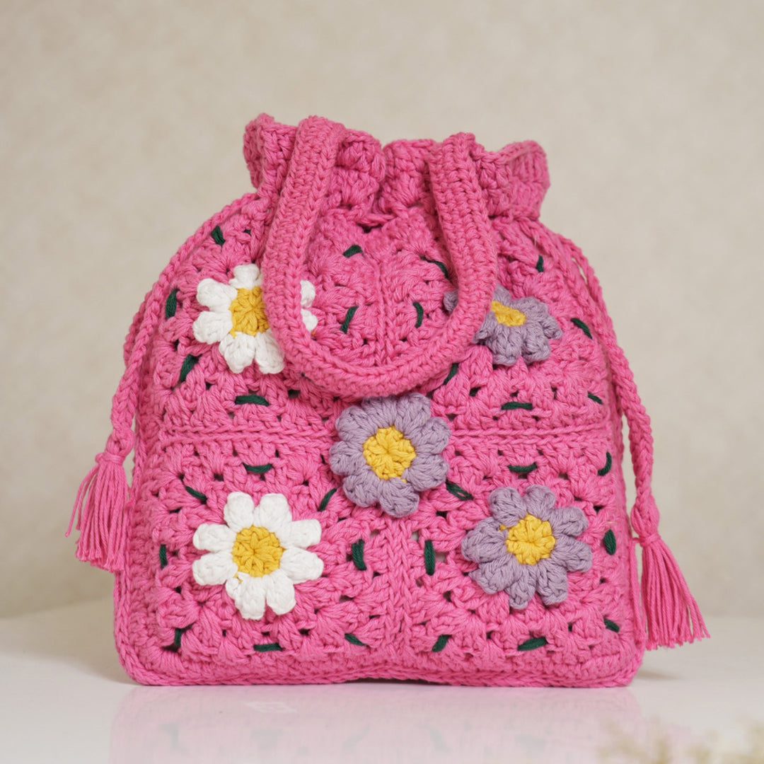 Handmade Crochet Pink Daisy Delight Potli