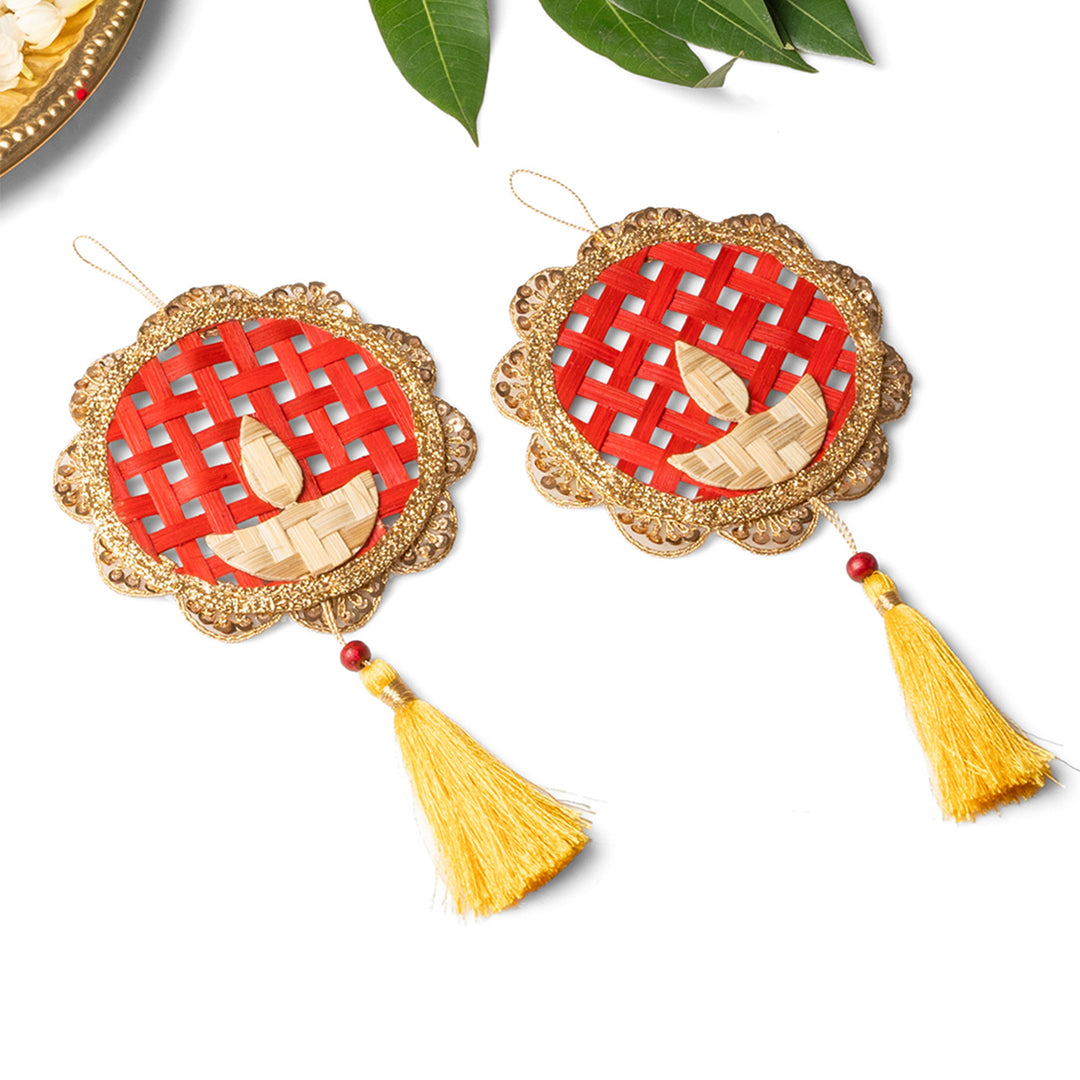 Set of 2 | Deepak Handcrafted Bamboo Diya Wall Hanging For Festive Decor